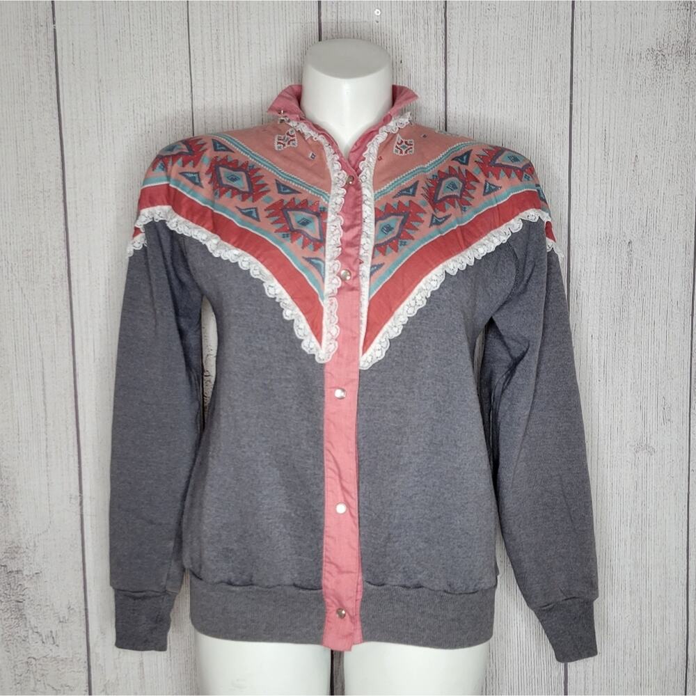 Vintage Upcycled Handmade Pastel Western Bandana Cardigan Sweater, sz Large